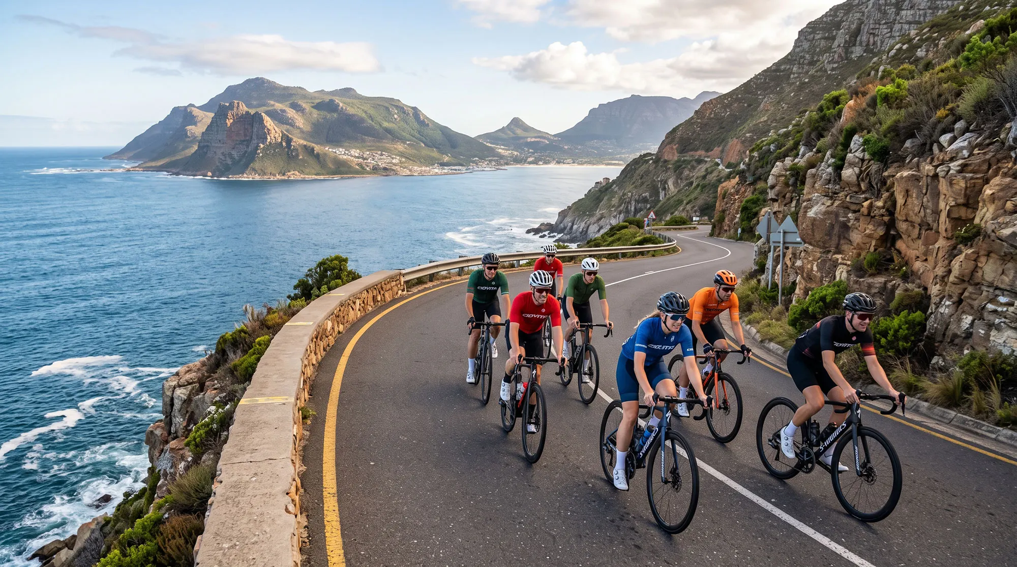 Cyclists riding Chapman’s Peak Drive on the Cape Peninsula, with the Atlantic coastline and mountains behind them